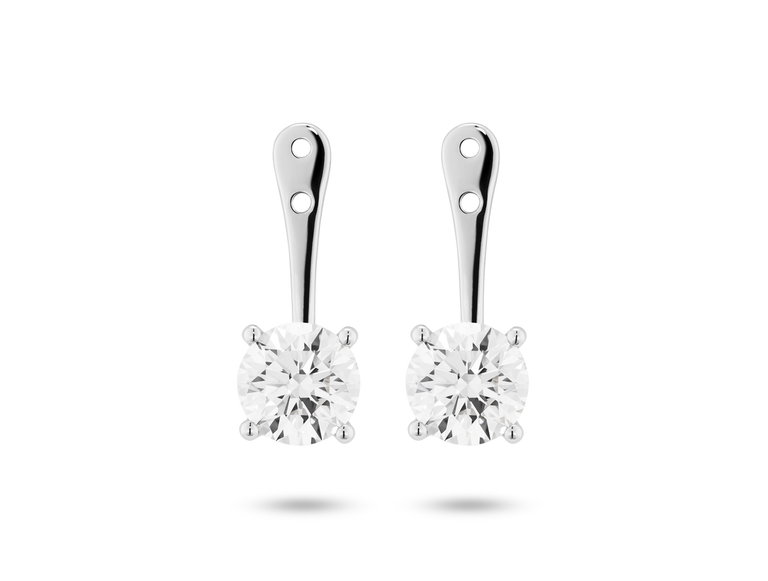 Front view of 2 carat total weight round brilliant ear jacket earrings in 14k white gold