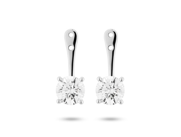 Front view of 2 carat total weight round brilliant ear jacket earrings in 14k white gold