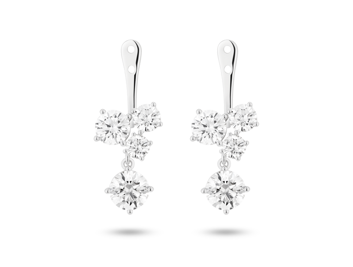 Front view of 3.3 carat total weight round brilliant cluster ear jacket earrings in 14k white gold