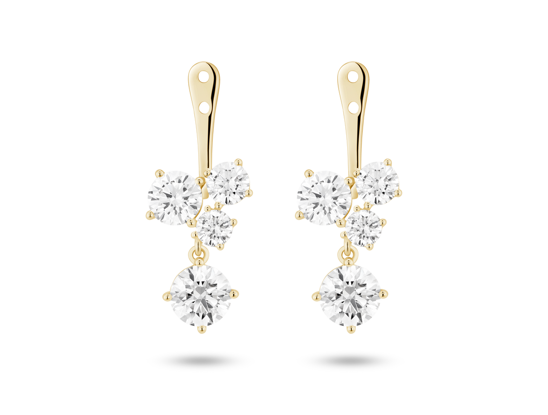 Front view of 3.3 carat total weight round brilliant cluster ear jacket earrings in 14k yellow gold