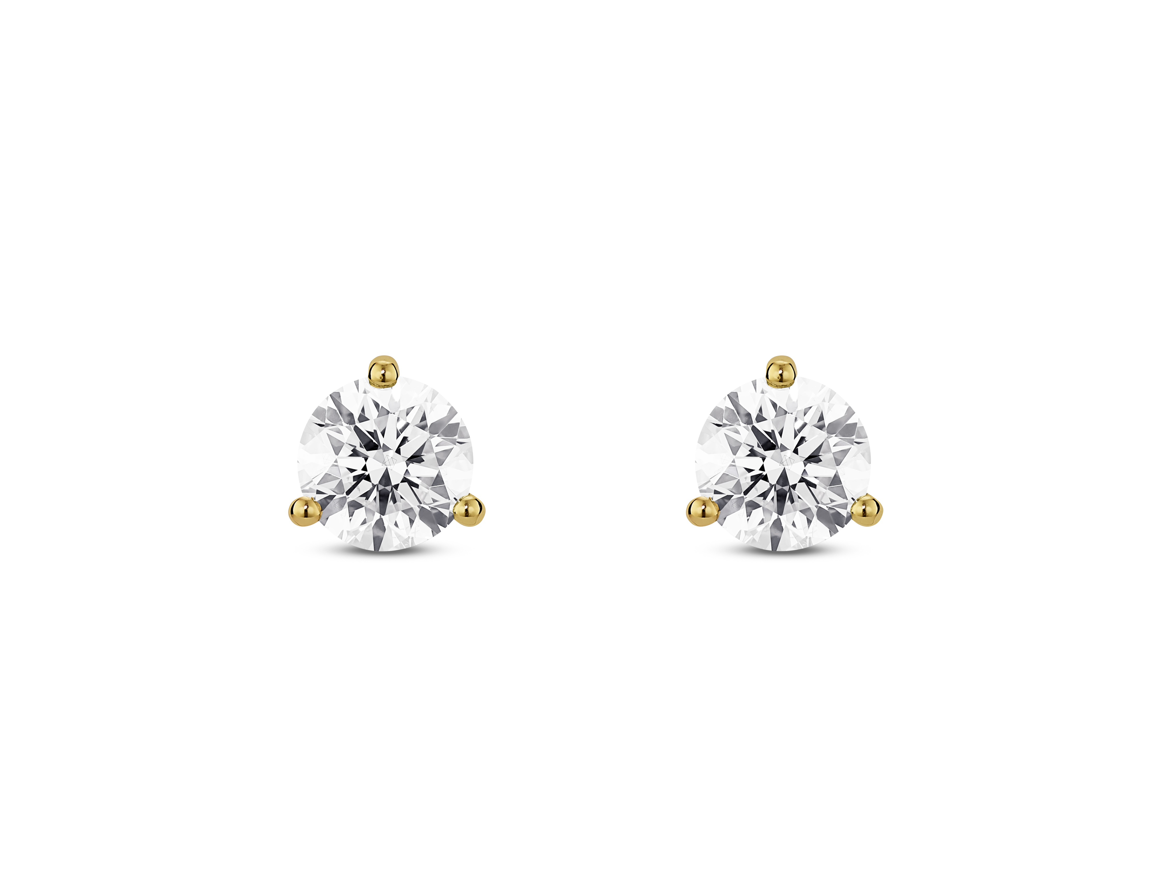 Front view of white lab grown 1 carat total weight round brilliant solitaire studs in 14k yellow gold