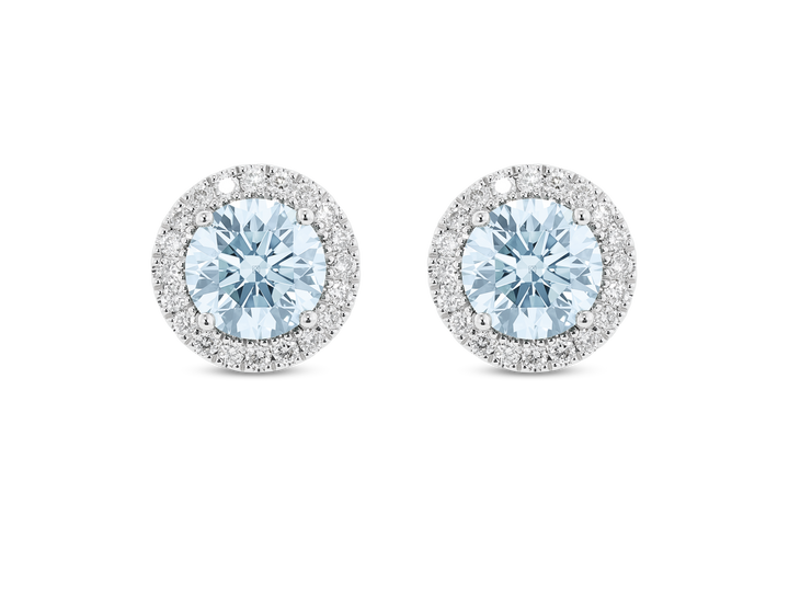 Boucles d'oreilles en or 14 carats avec diamants de laboratoire de 2 carats et halo | Bleu