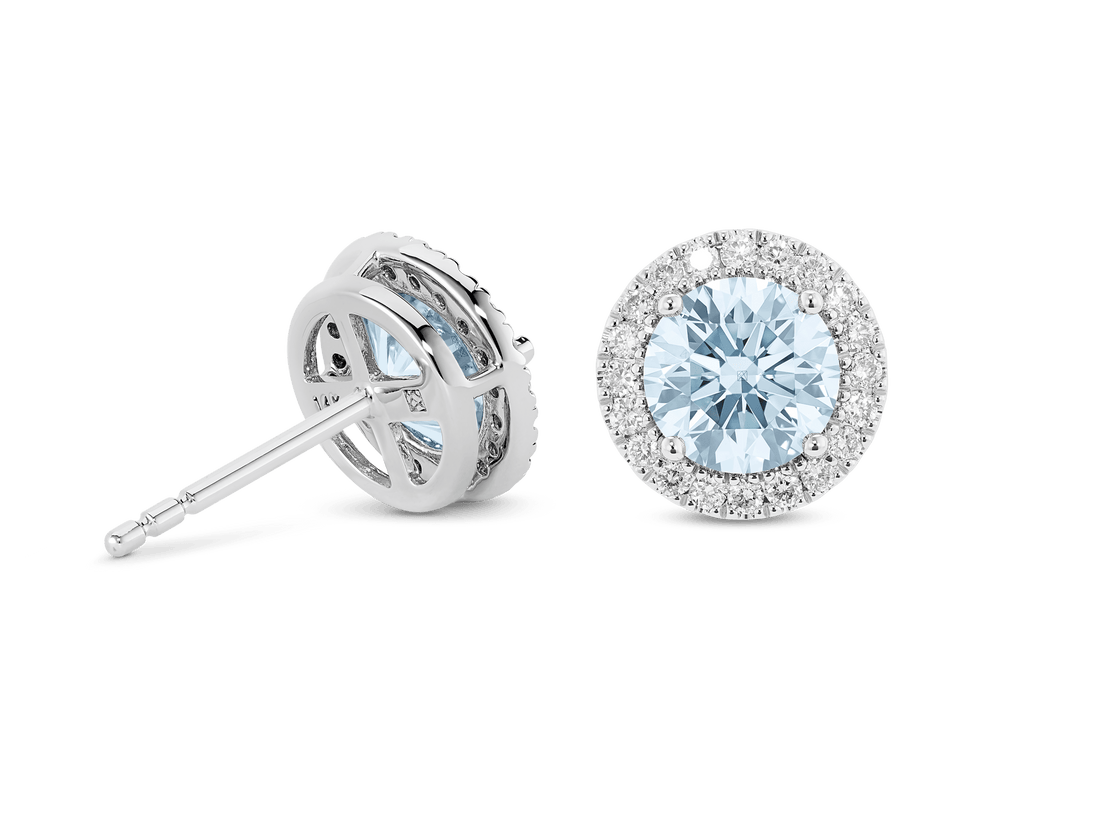 Boucles d'oreilles en or 14 carats avec diamants de laboratoire de 2 carats et halo | Bleu