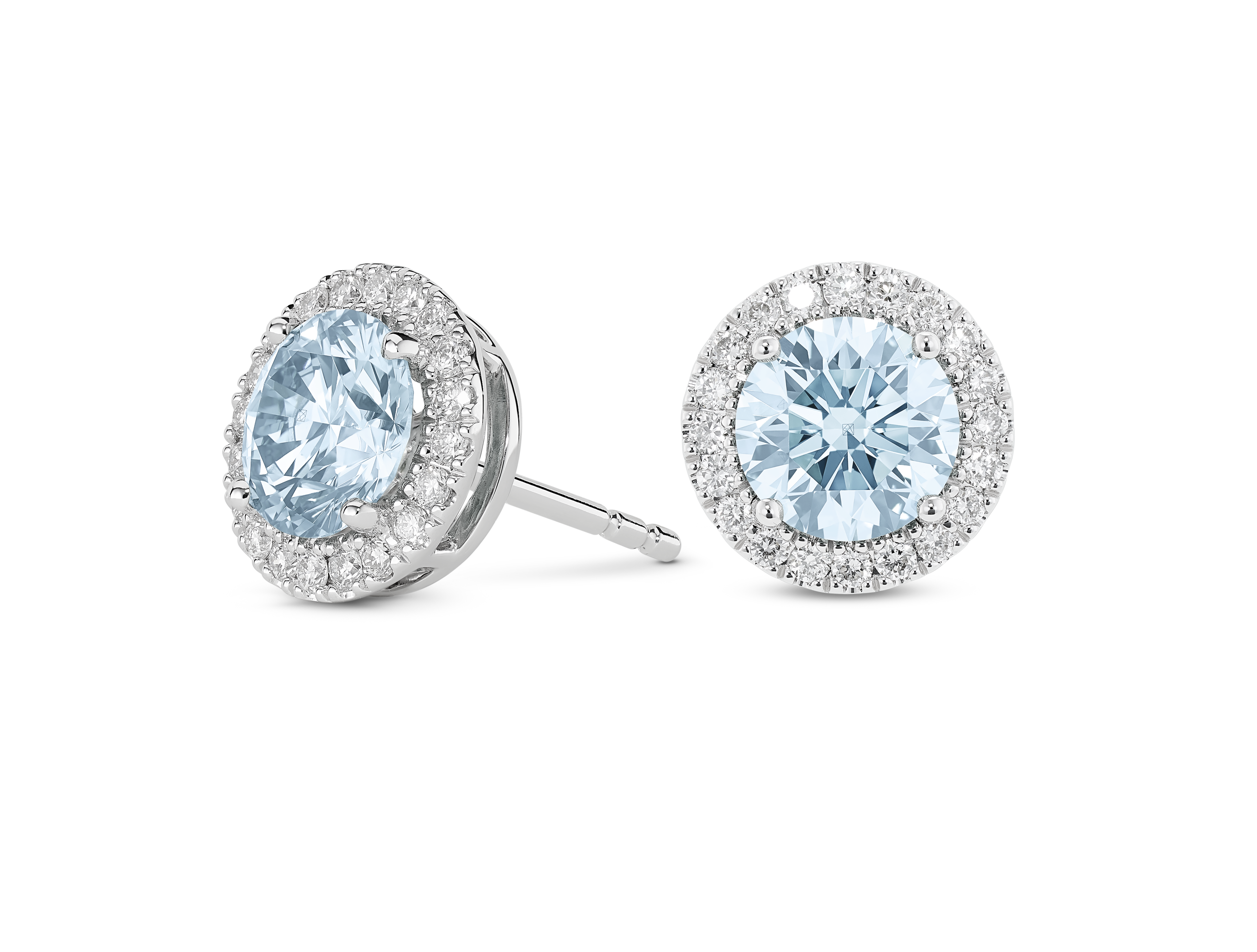 Boucles d'oreilles en or 14 carats avec diamants de laboratoire de 2 carats et halo | Bleu