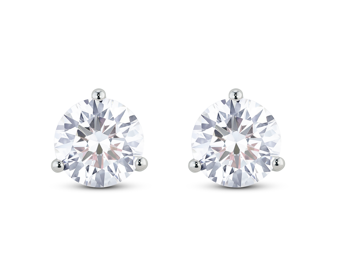 Front view of 3 carat total weight round brilliant solitaire studs in 14k white gold