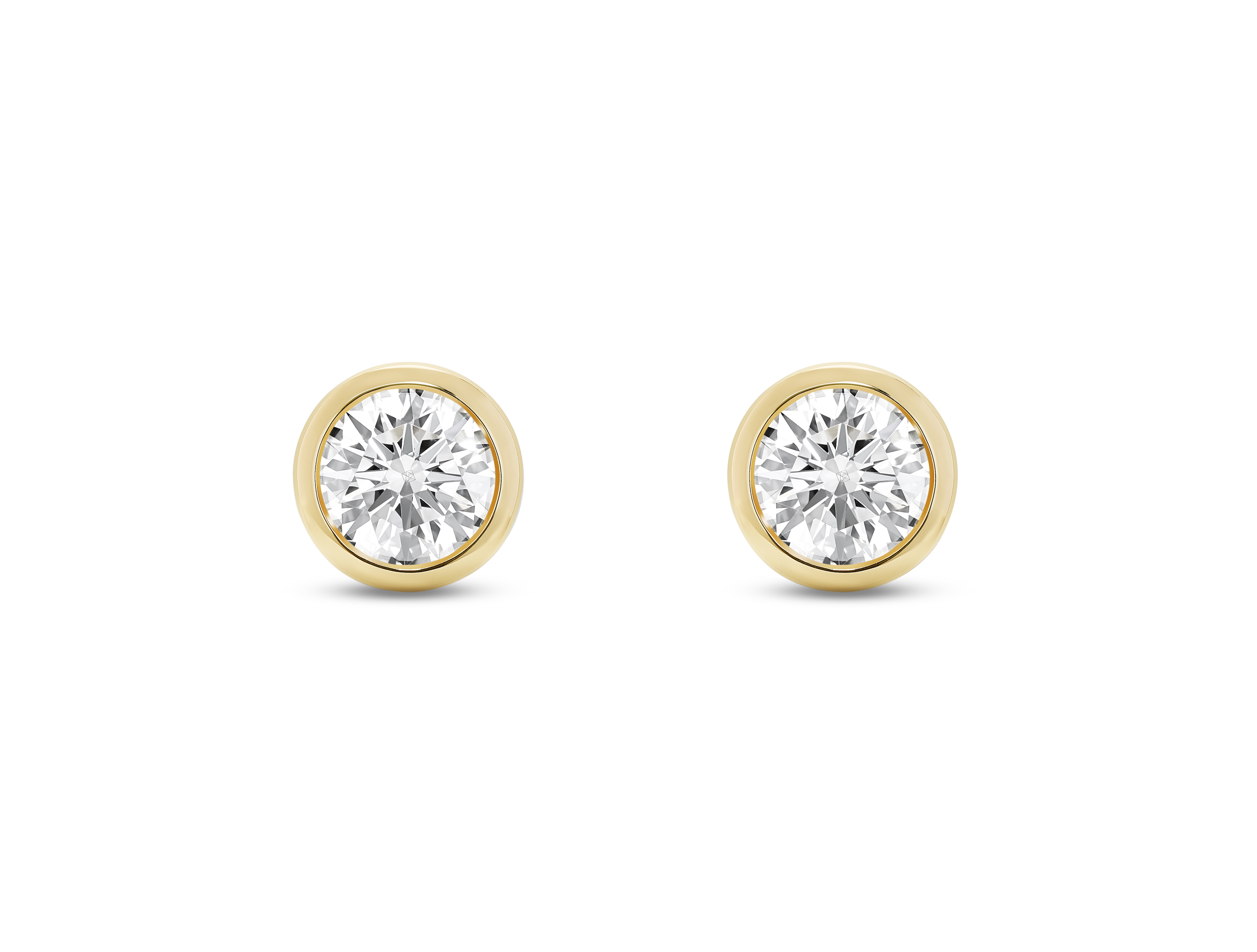 Front view of white 1 carat total weight round brilliant studs in a 14k yellow gold bezel setting