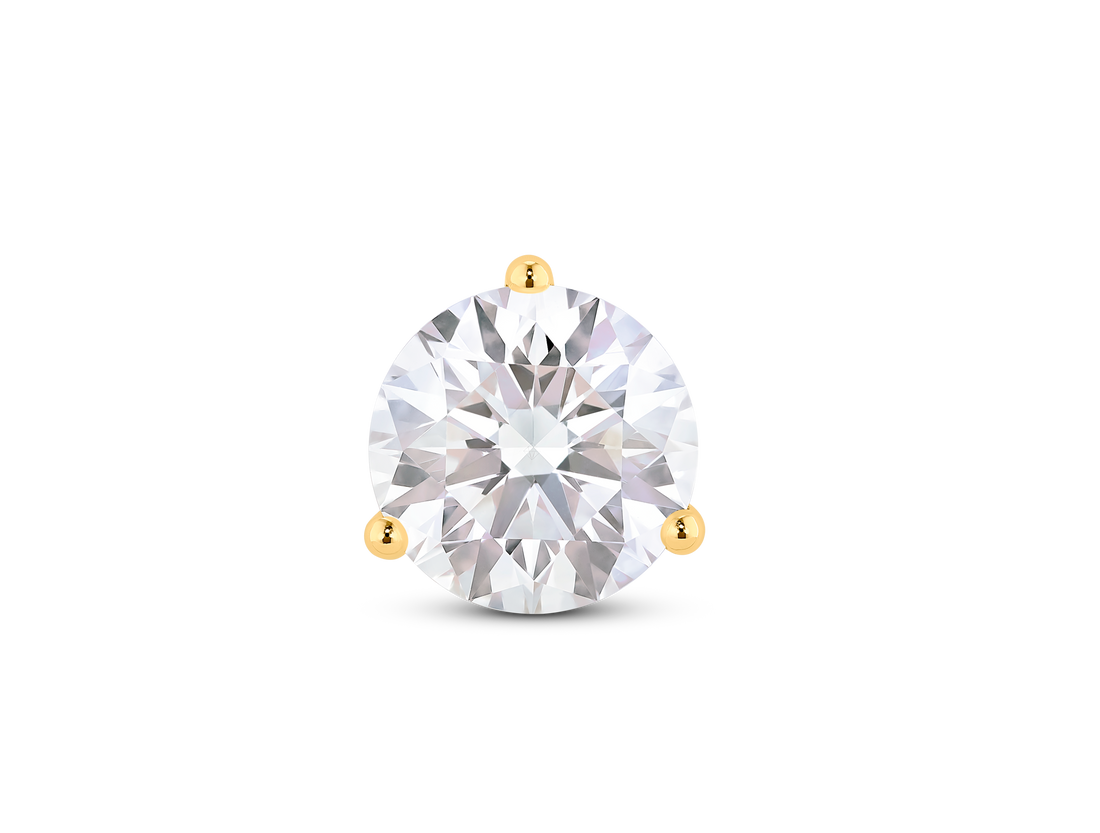 Front view of 2 carat total weight round brilliant solitaire single stud in 14k yellow gold