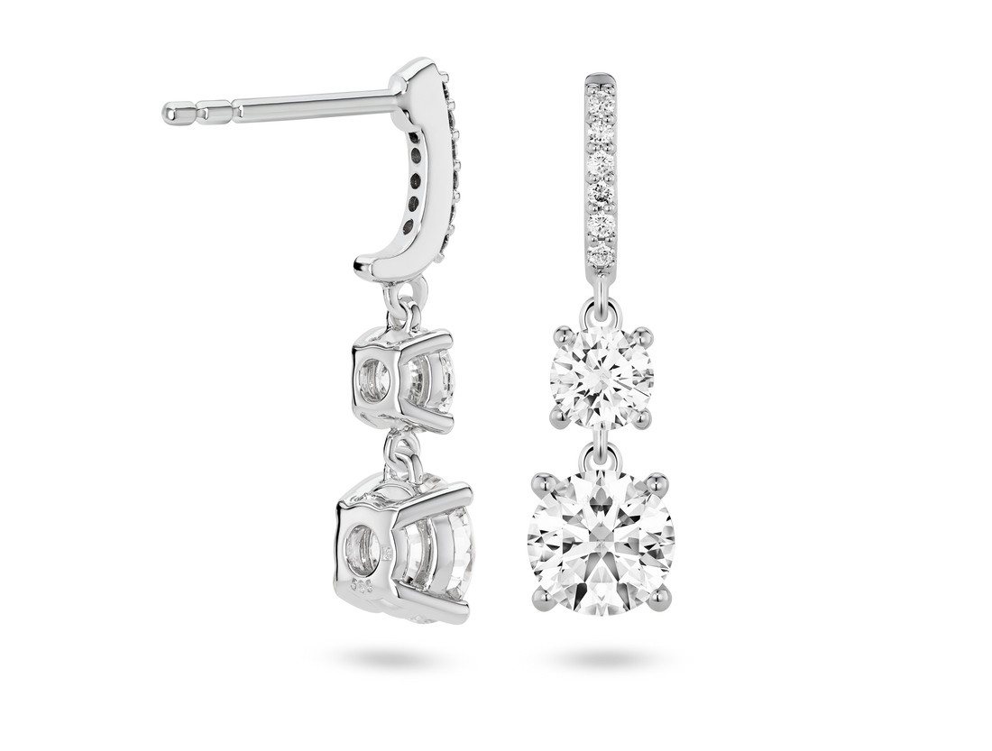 Boucles d'oreilles pendantes doubles en diamants de laboratoire de 2 carats, taille brillant | Blanc