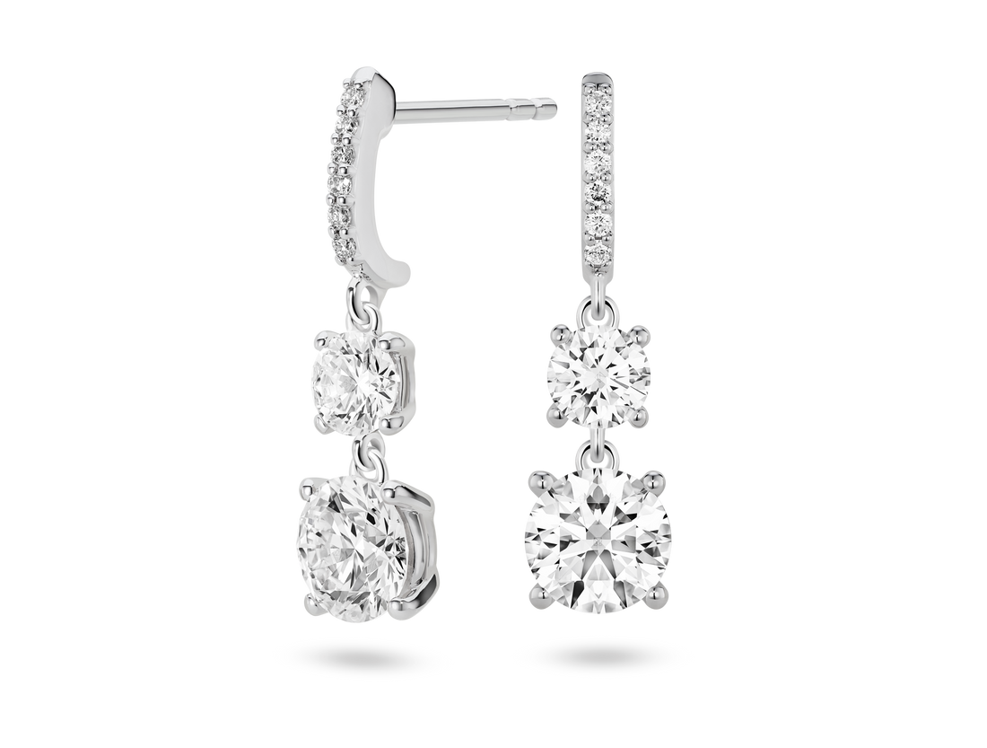 Boucles d'oreilles pendantes doubles en diamants de laboratoire de 2 carats, taille brillant | Blanc