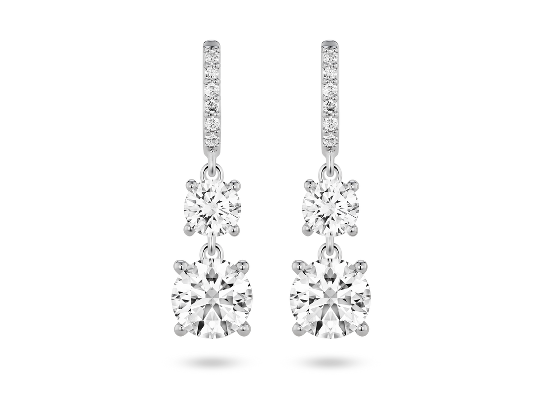 Boucles d'oreilles pendantes doubles en diamants de laboratoire de 2 carats, taille brillant | Blanc