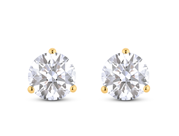 Front view of 3 carat total weight round brilliant solitaire studs in 14k yellow gold