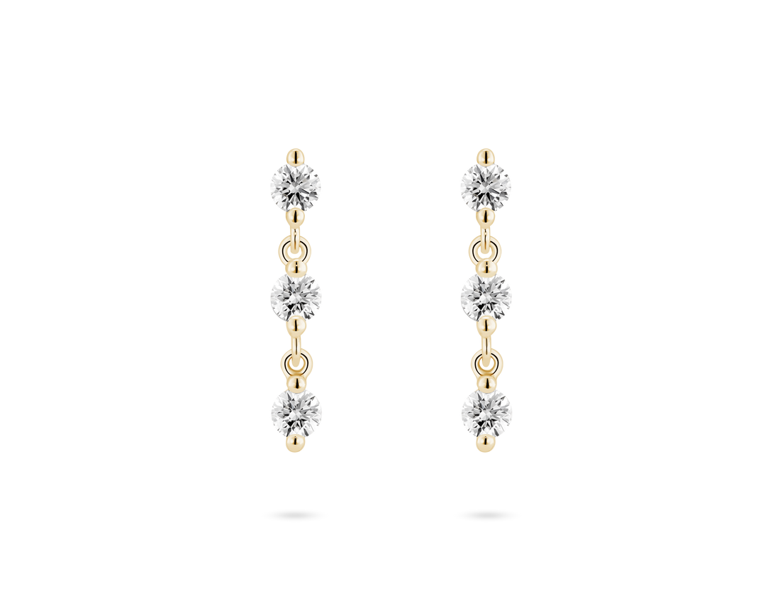 Front view of 0.9 carat total weight line drop earrings in 14k yellow gold