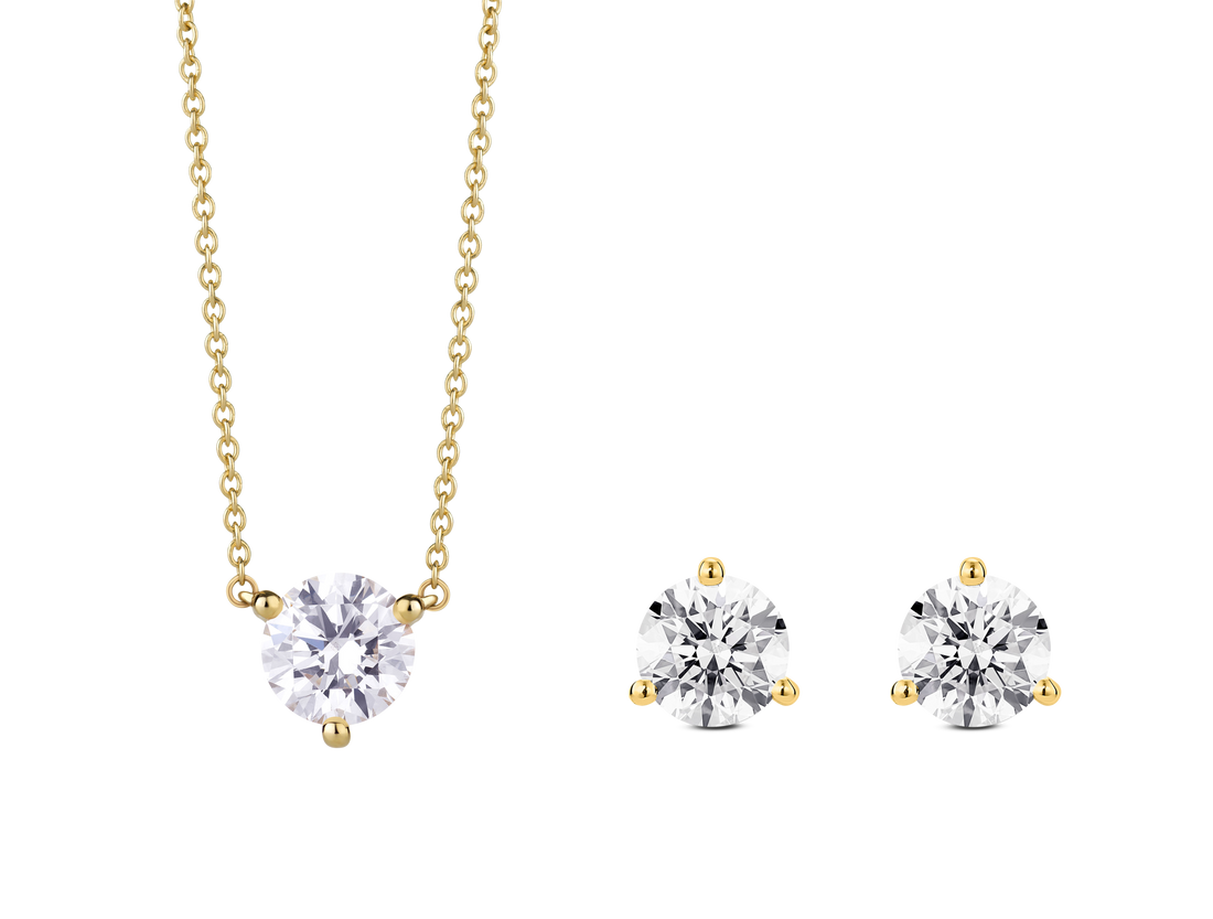 Ensemble de boucles d'oreilles et pendentif en or jaune avec diamants de laboratoire de 3 carats et taille brillant | Blanc