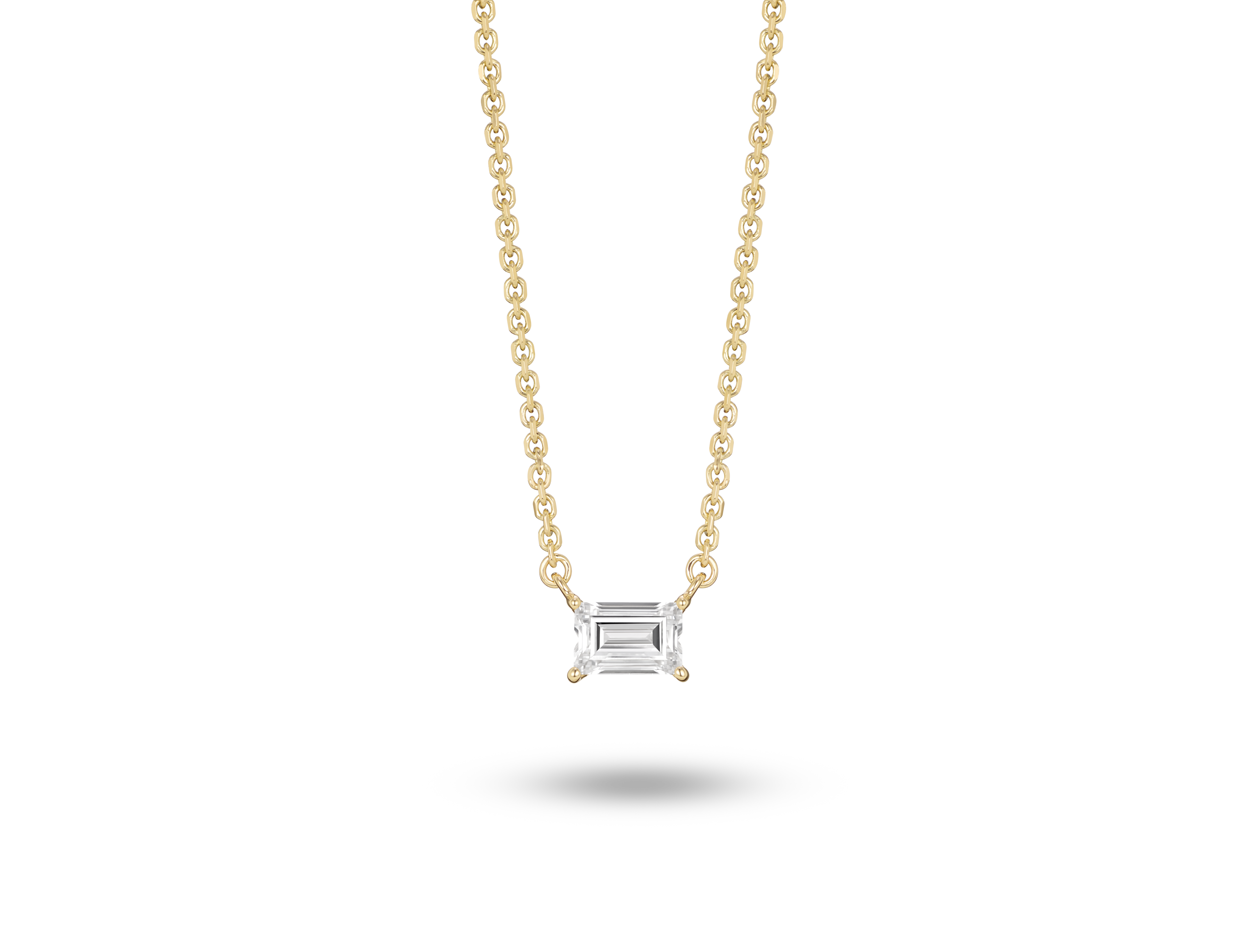 Front view of 0.25 carat baguette cut solitaire pendant in yellow gold