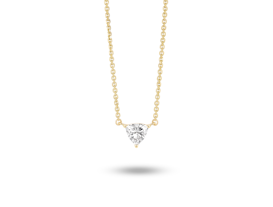 Front view of 0.25 carat trillion cut solitaire pendant in yellow gold